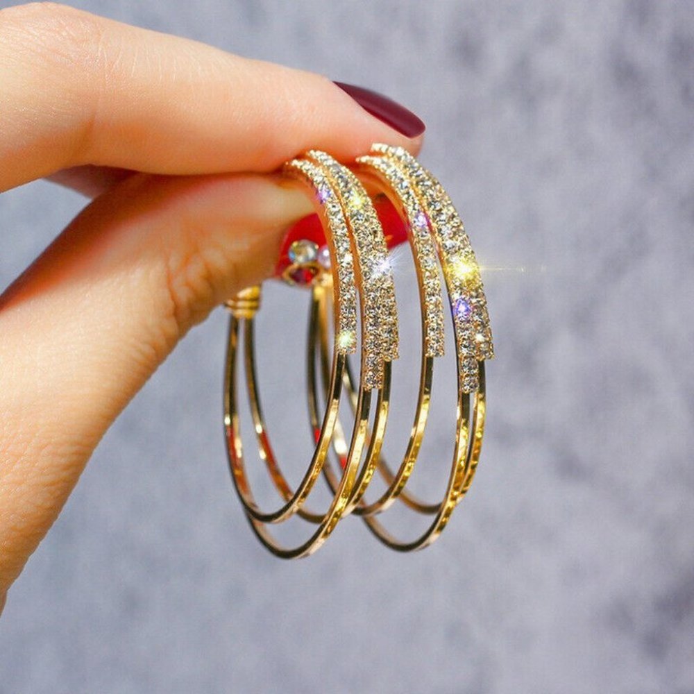 NEW 18k Gold 925 Silver White Sapphire Tripple Hoops